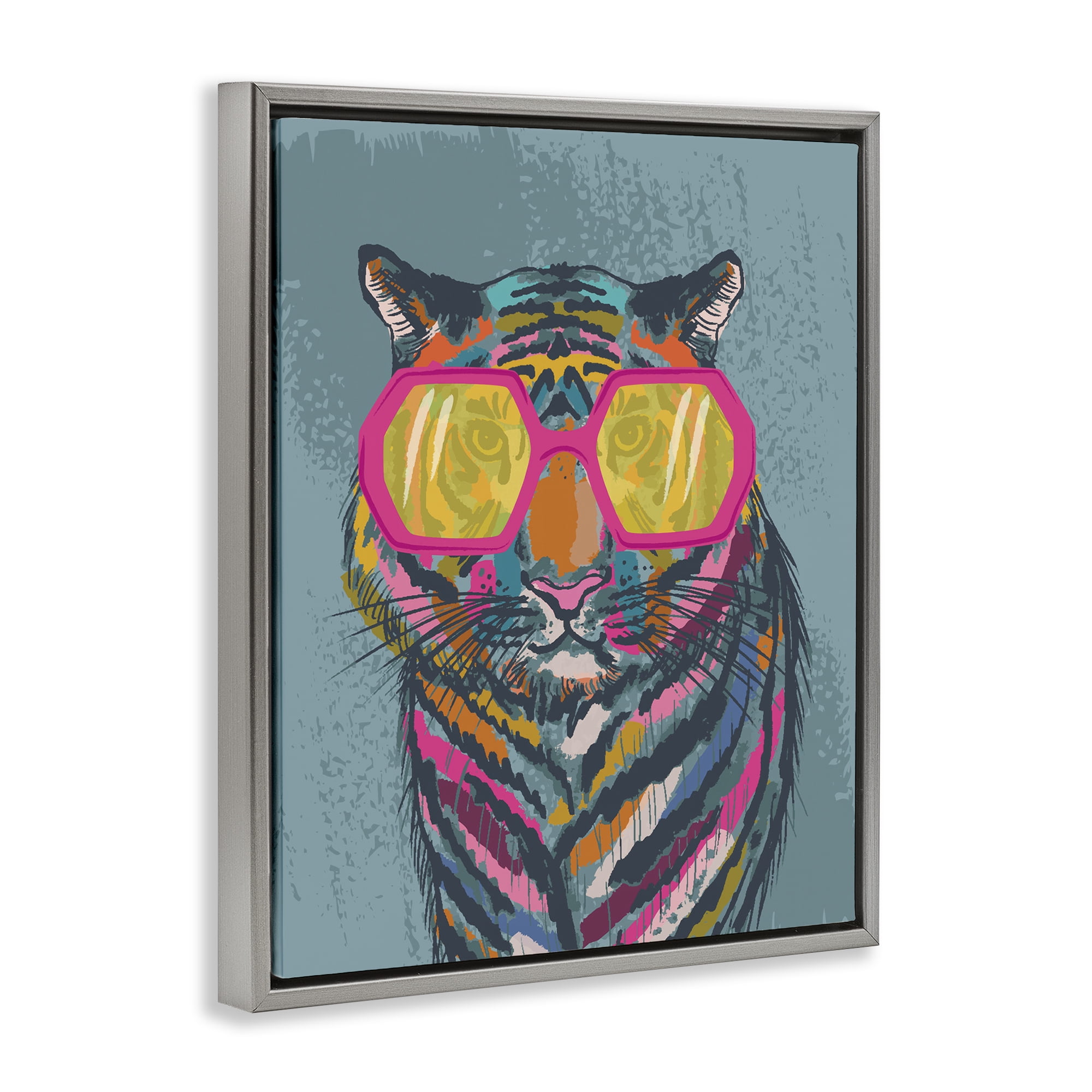 Stupell Industries Bright Fashion Tiger Animals Painting Gray Floater Framed Canvas Art Print Wall Art, 17 x 21