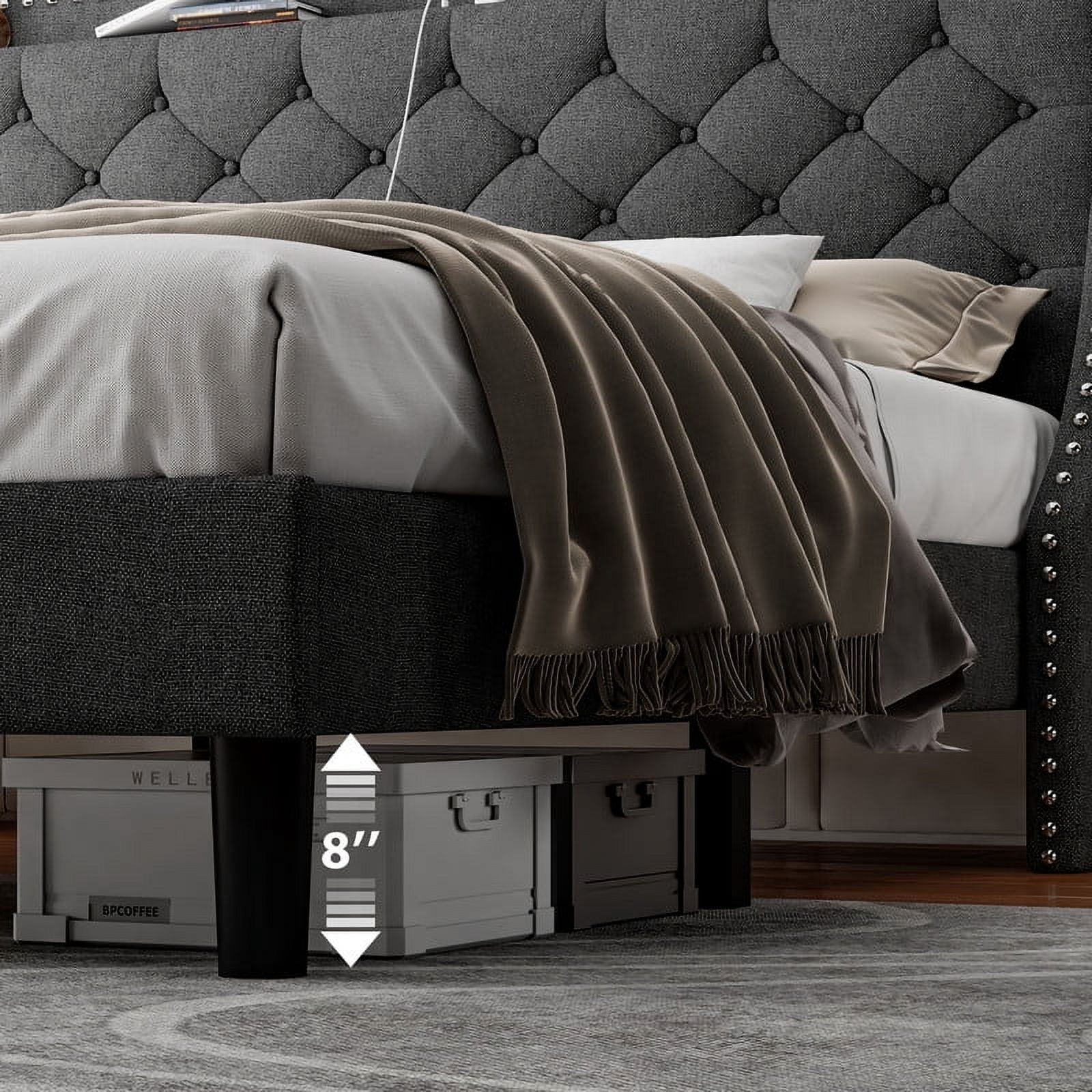 iPormis Queen Bed Frame with Upholstered Wingback Button Tufted Storage Headboard, Luxurious Platform Bed with Charging Station, Sturdy Wooden Slats Support,No Box Spring Needed, Dark Gray