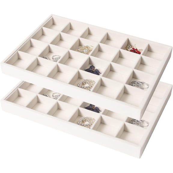 Prichor 2PC Stackable 24 Grid Jewelry Organizer Tray – Necklace Earring Box Storage Drawer – Ring Bracelet Display Holder – Beige