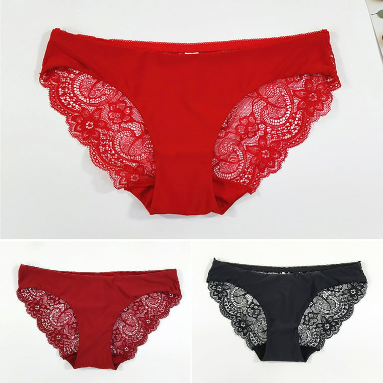 rygai Hollow Mid-Rise Seamless Women Panties Hip Lace Ice Silk Underwear  Female Clothing,Red M