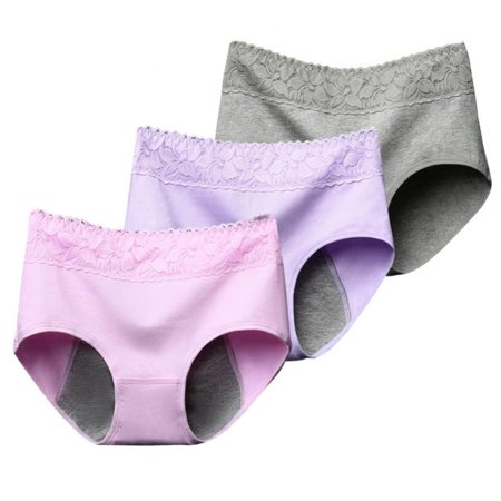 HESHENG 3pcs Women Lace Panties Breathable Cotton Mid-waist Briefs, Menstrual Period Panties Full Coverage Briefs