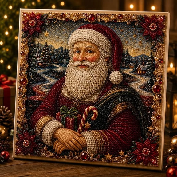 Christmas Santa Pearl Art DIY Kit, Christmas 7.9 Inch Framed Painting Craft Set, Creative Holiday Wall Decor for Home, Party and Seasonal Christmas Display