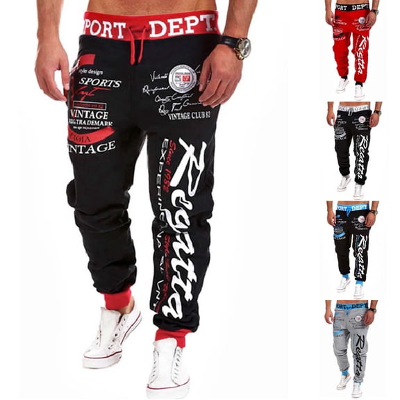 Men's Casual Loose Letter Print Drawstring Elastic Waist Long Pants, Trousers for Sports, Workout and Street Style,Black,L