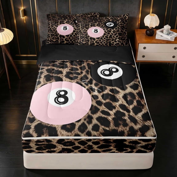 Erosebridal Lucky 8 Zipper Twin Comforter Sets 4-Piece, Blush Leopard Front, Black Reversible Back