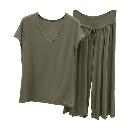 Tsesme Women's 2 Piece Sleep Set V-Neck Cap Sleeve Ruffle Capris Pajama Set Casual Soft 2026 Summer Nightwear Set Green 3XL