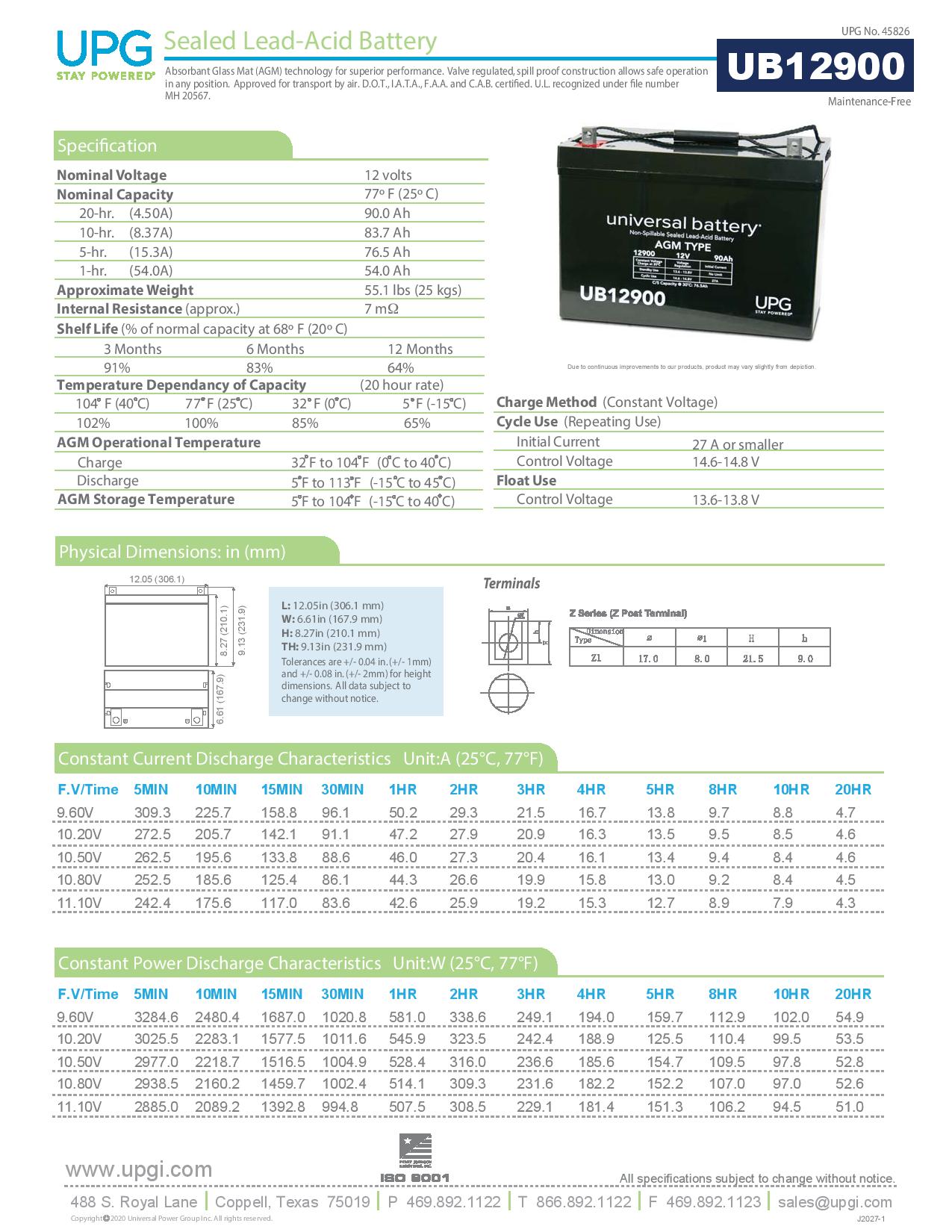 UPG UB12900 12V 90Ah Z1 AGM Battery Group 27 for Solar Wind Off Grid Back  Up Marine Trolling Motor Deep Cycle Boat RV 24V 48V