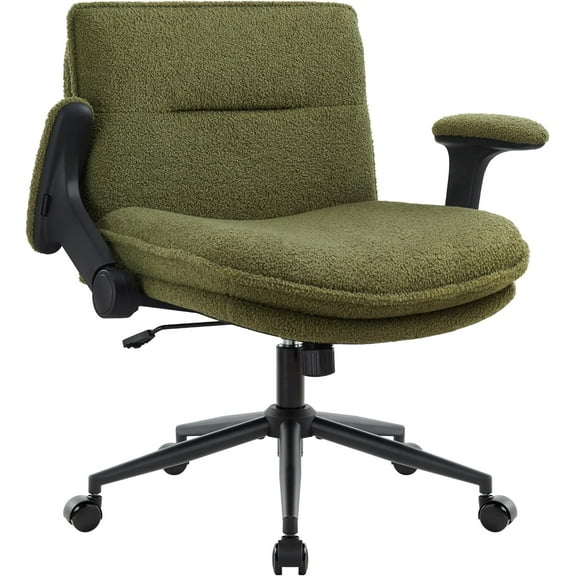 Criss Cross Chair with Wheels and Flip-Up Arms,Cross Legged Office Chair, Ergonomic Desk Chairs with Fabric Padded, Height Adjustable Wide Seat Swivel Chair for Home Office, Bedroom Vanity (Green)