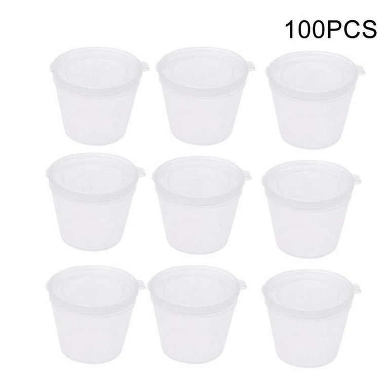 100x Small Plastic Sauce Cups Food Storage Containers U2H7 Clear Lids + B8O6
