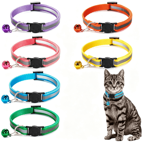 GASTROPOD 6-Pack Reflective Cat Collars with Bell - Breakaway Safety Nylon Kitten Collars,Adjustable Pet Collars with Charming Bells,Mixed Colors in One Package.