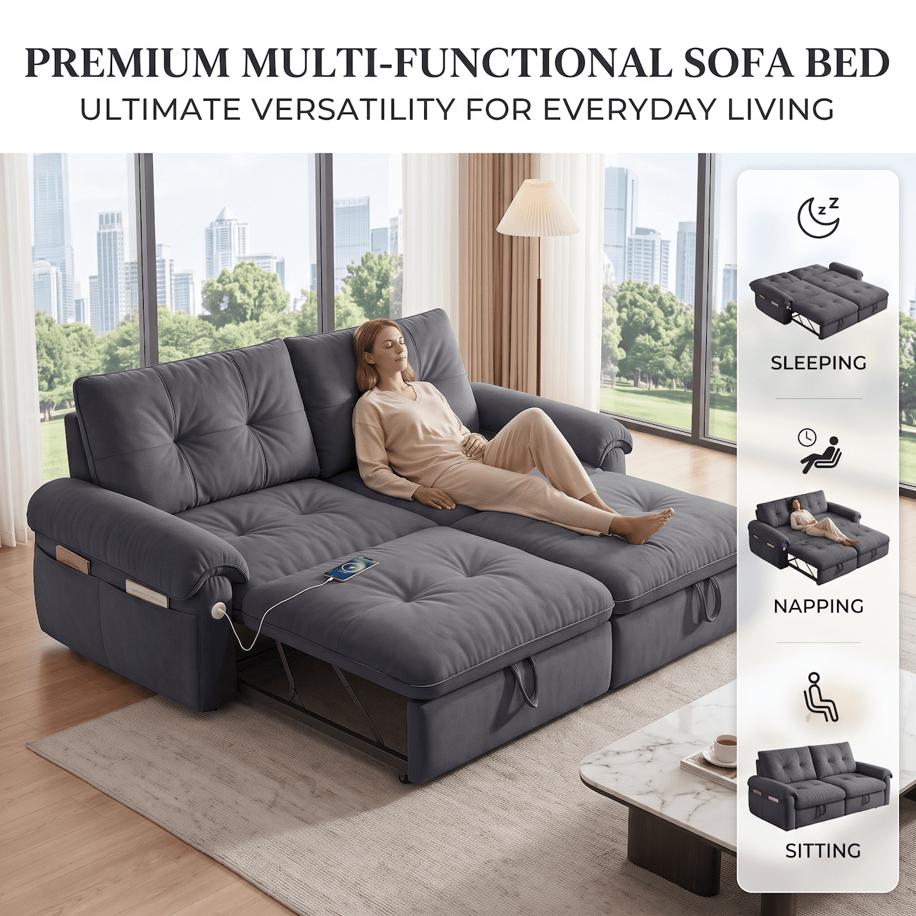 Xiweot Convertible Sleeper Sofa Bed, 77" Queen Size Pull Out Couch with Side Pocket, Adjustable Backrest & USB Ports, Comfy Velvet Loveseat for Living Room Apartment Small Space (Gray)