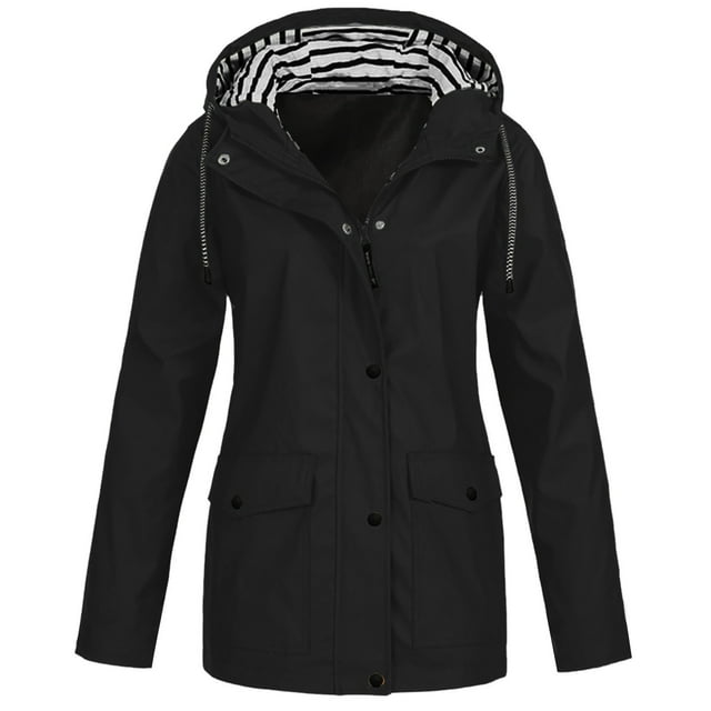 Meichang Manteaux de Pluie d'Extérieur pour Femmes Décontractés Imperméables Coupe-Vent Légers Vestes de Pluie Décontractées Grande Taille à Fermeture Éclair Manteaux à Capuche Basiques de Couleur Unie avec Poches à Boutons-Pression