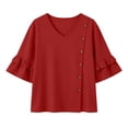 thumbnail image 5 of Ashirexll Short Sleeve Shirts for Women Summer Solid Color V-Neck Three Quarter Pleated Sleeve Button Down Slit Top T-Shirt, 5 of 7