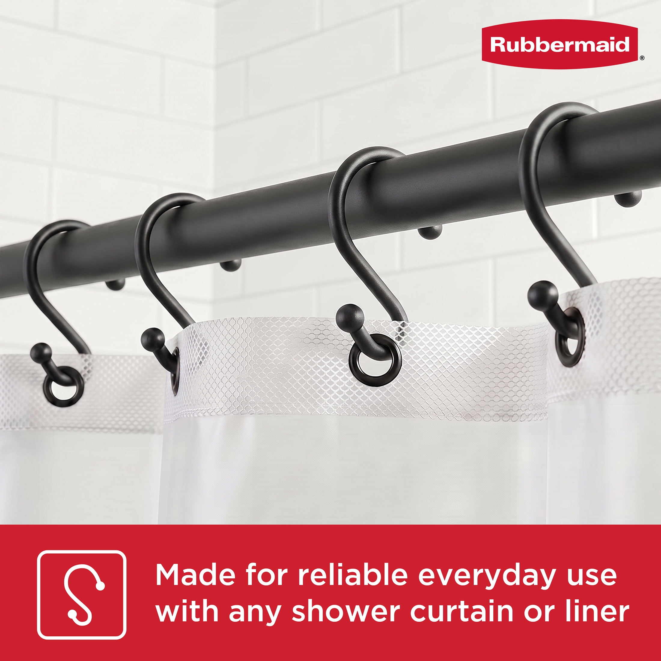 Rubbermaid Rustproof Stainless Steel S-Shaped Shower Hooks, Matte Black, Set of 12