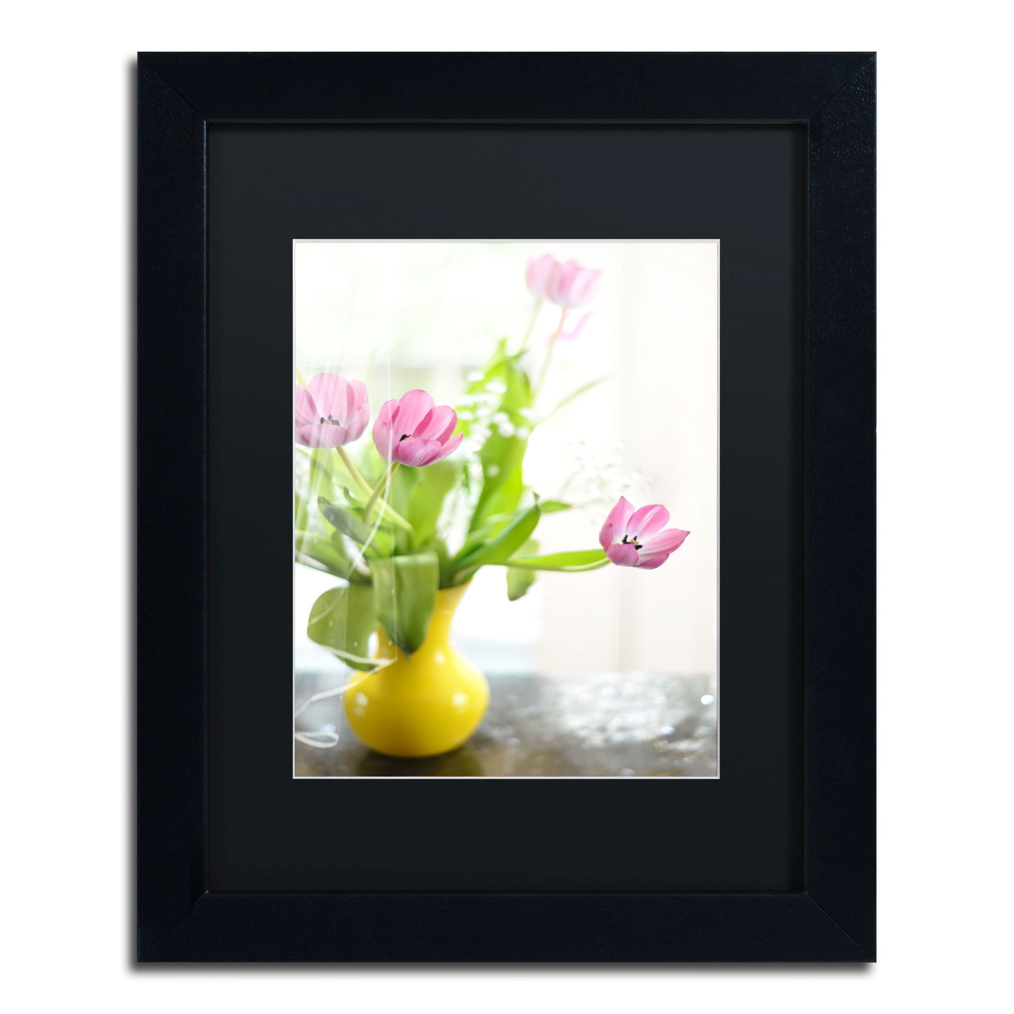 Trademark Fine Art "Pink Tulips in Yellow Vase" Canvas Art by Lois Bryan, Black Mat, Black Frame