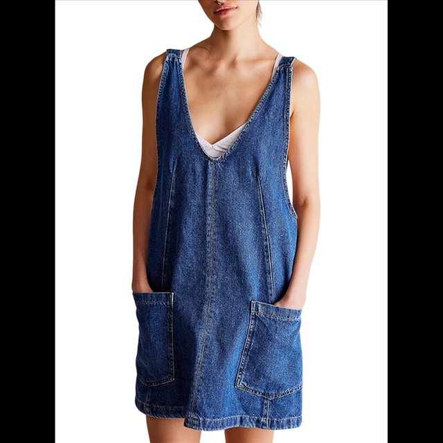 Minivestido Vaquero para Mujer, con Tirantes Ajustables, Falda Alta, Informal, Tipo Enterito Vaquero. Azul Oscuro L