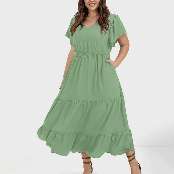 zanvin Plus Size Summer Dresses for Women 2023 Boho Floral Maxi Long Dress V-Neck Short Sleeve Beach Dresses for Party Casual on Clearance,Green