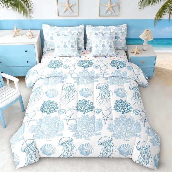 Manfei Coral Starfish Jellyfish Seashell Bedding Comforter Set for Kids Boys and Girls, Watercolor Blue White Full Bedding Set, Stars Reversible 7-Piece
