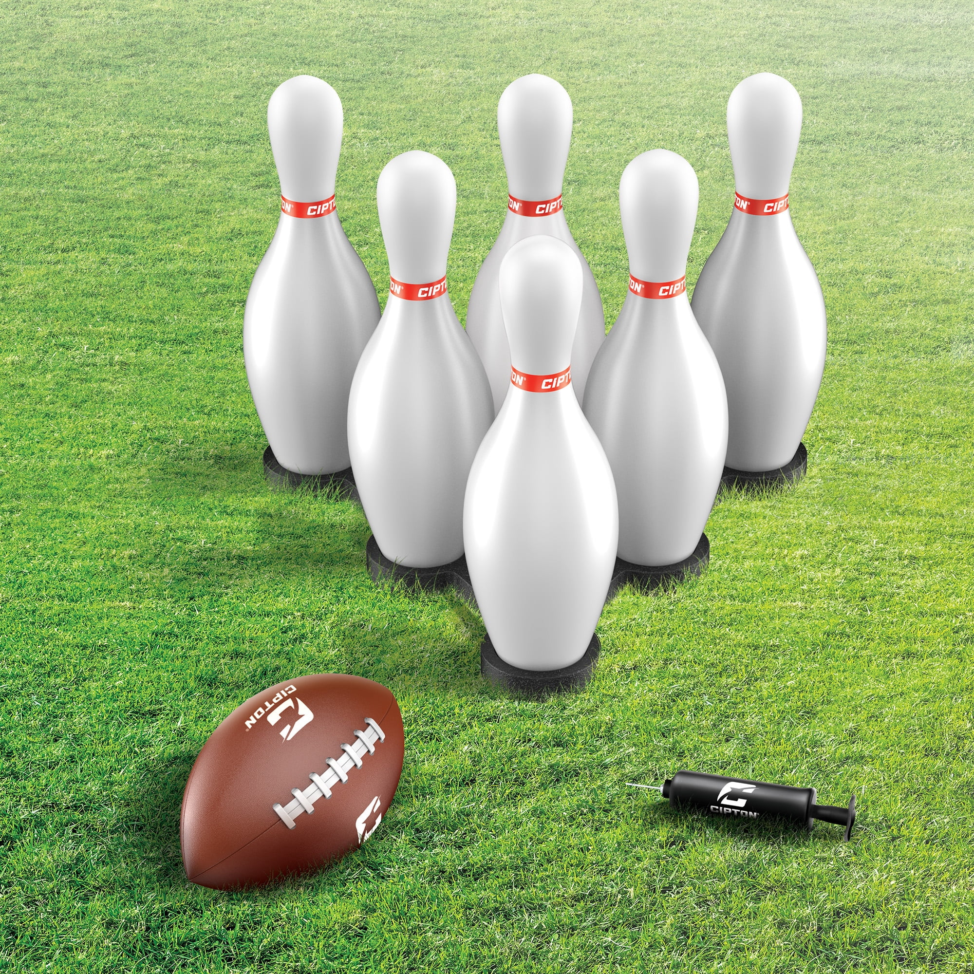 Cipton Strike Football Lawn Game Set – Includes 12 Pins, 2 Target Bases, Football, Air Pump & Carry Bag – Outdoor Bowling Football Game for Backyard, Park, or Beach