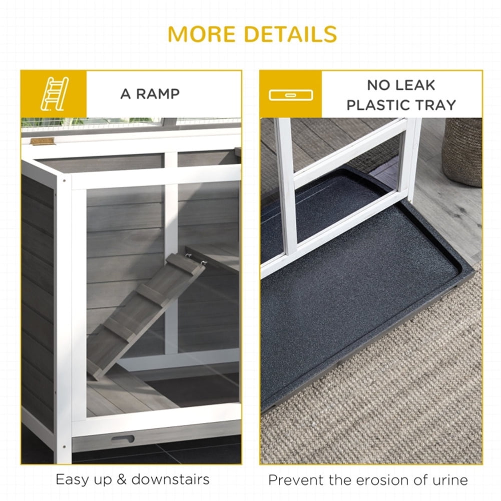 Kepooman 2 Tier Solid Wooden Rabbit Cage with 2 Transparent Rooms for Real Time Observation of Pet Status, Indoor Outdoor Rabbit Cage Guinea Pig Cage Small Animal Pet House, Gray