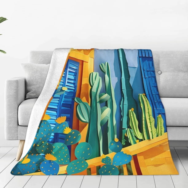 Fotbe Bright Paper Cactus Scene Manta de Franela Acolchonada con Estampado, Súper Suave y Esponjosa, Extra Grande para Sofá, Cama, Uso Todo el Año-60"x50"
