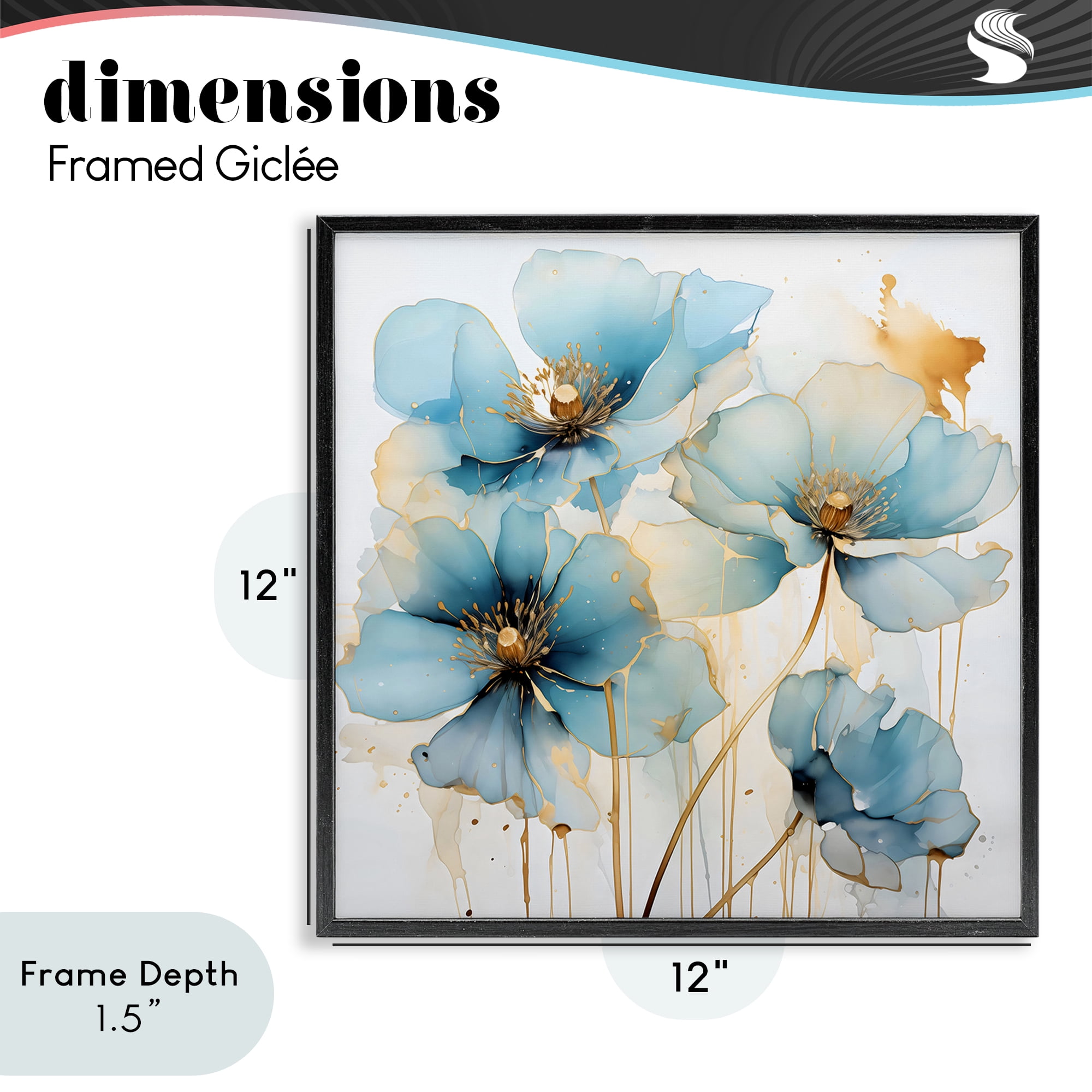 Stupell Industries Sapphire and Gold Florals Black Framed Giclee Art, design by Creative Studio