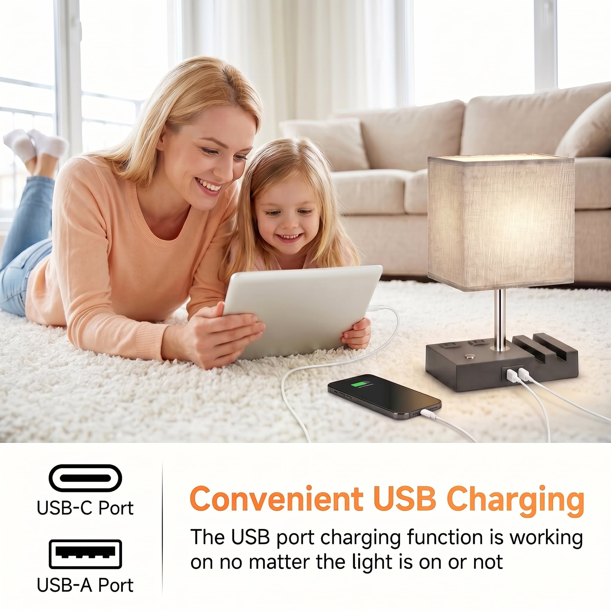 DAYBETTER Bedside Table Lamp , Dimmable Table Lamp with Touch Control & USB C+A Charging Ports， 3 Color Temperatures for Bedroom, Living Room, Office