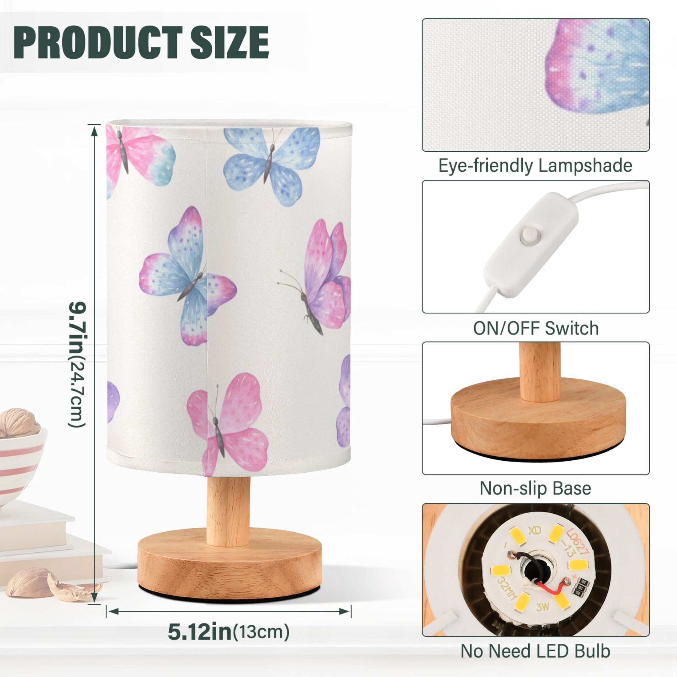 Cute Pink Butterfly in White Bedside Table Lamp LED Warm Lights with USB Charging Port Retro Cylinder Desk Lamps