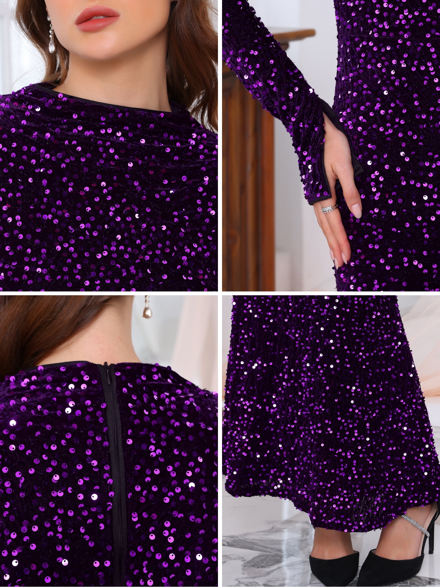 DARING DIVA Women's Sequined Velvet Crewneck Long Sleeve Bodycon Dress M Purple