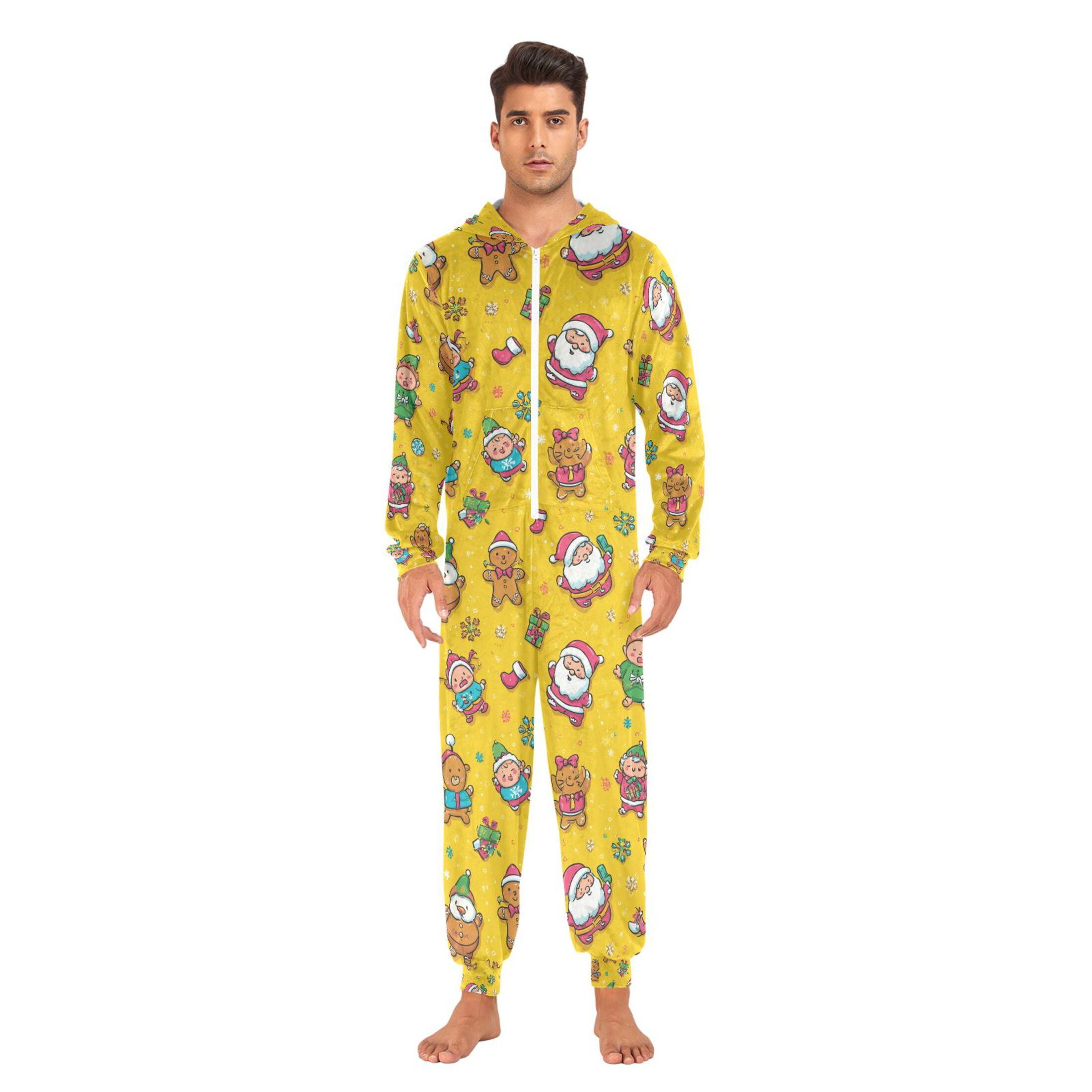 Adult Christmas Onesie Santa Claus Elves and Gingerbread Men Zipper One-Piece Pajamas Unisex with Pockets