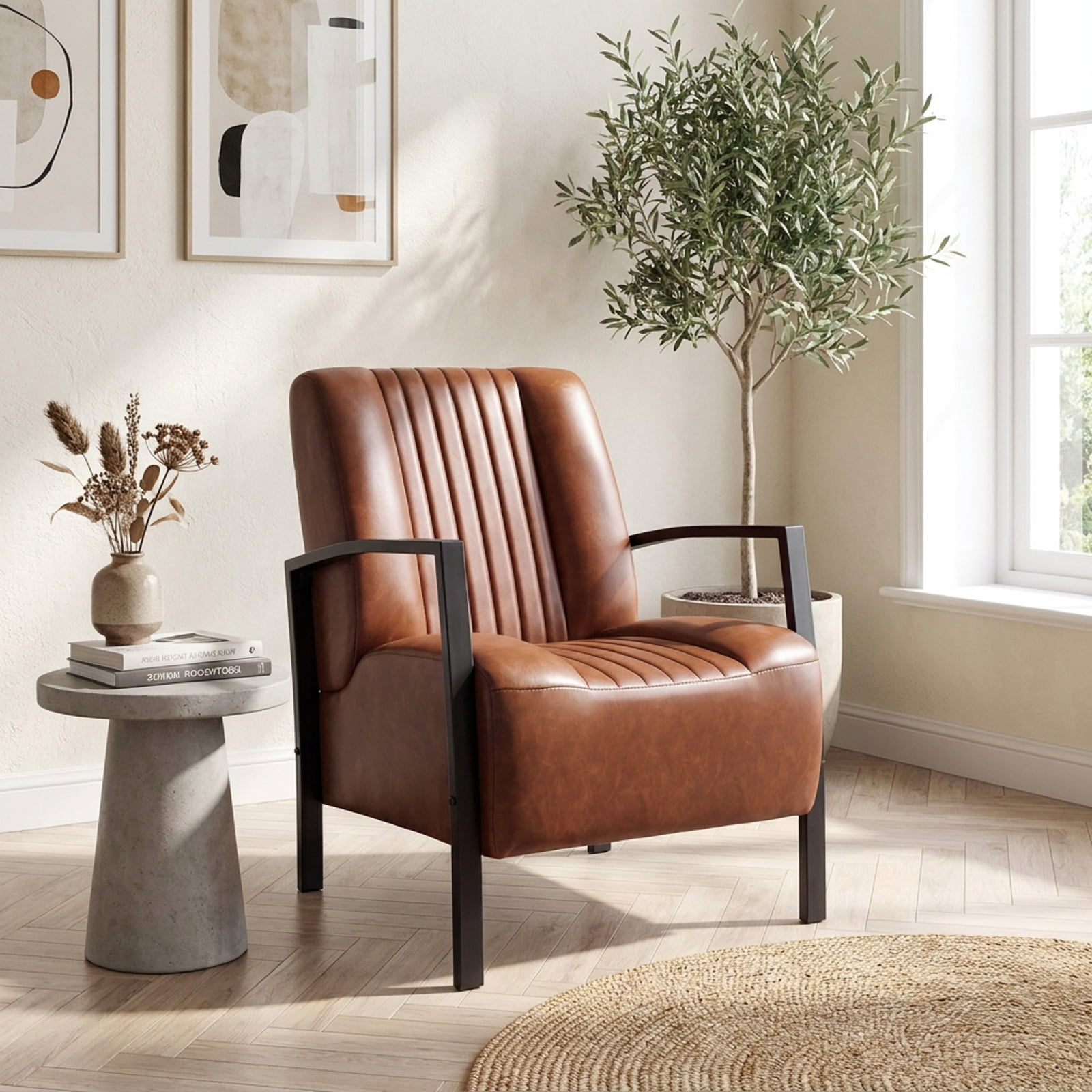 Furnibear PU Leather Upholstered Accent Armchair with Padded Seat and Back Ergonomic Lounge Reading Chair for Living Room Bedroom Office, Brown