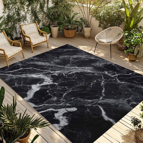 Fsddascl Black Marble Outdoor Rug for Patio/Deck/Porch, Non-Slip Large Area Rug 5 x 8 Ft, Vintage Minimalism White Abstract Texture Indoor Outdoor Rugs Washable Area Rugs, Camping Rug Carpet Runner