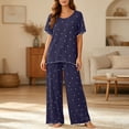 thumbnail image 5 of QIbmong Cotton Pajamas for Women Set Tie-Dye Ruffle Pajama Sets Short Sleeve Crew Neck Tops Wide Leg Pants Summer Comfy Pjs Outfits(Navy,XXL), 5 of 6
