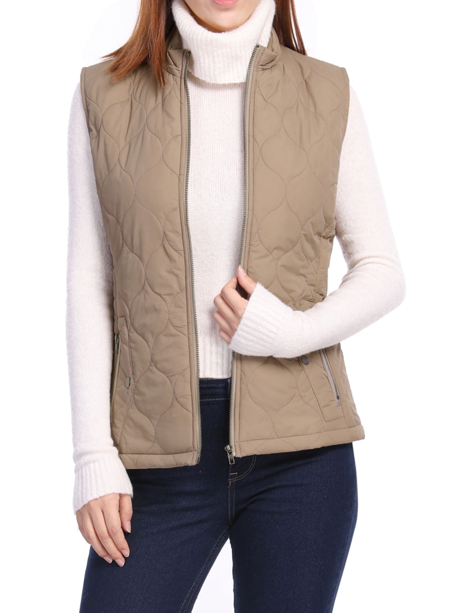 Women's Zip Closure Stand Collar Mock Pockets Quilted Vest ...