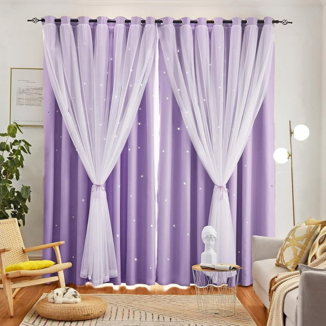 Rideaux Étoilés à Double Couche pour Enfants Rideaux Occultants à Œillets 84 Pouces de Long 2 Panneaux Rideaux Beige 52, L x 84, H (Lot de 2)