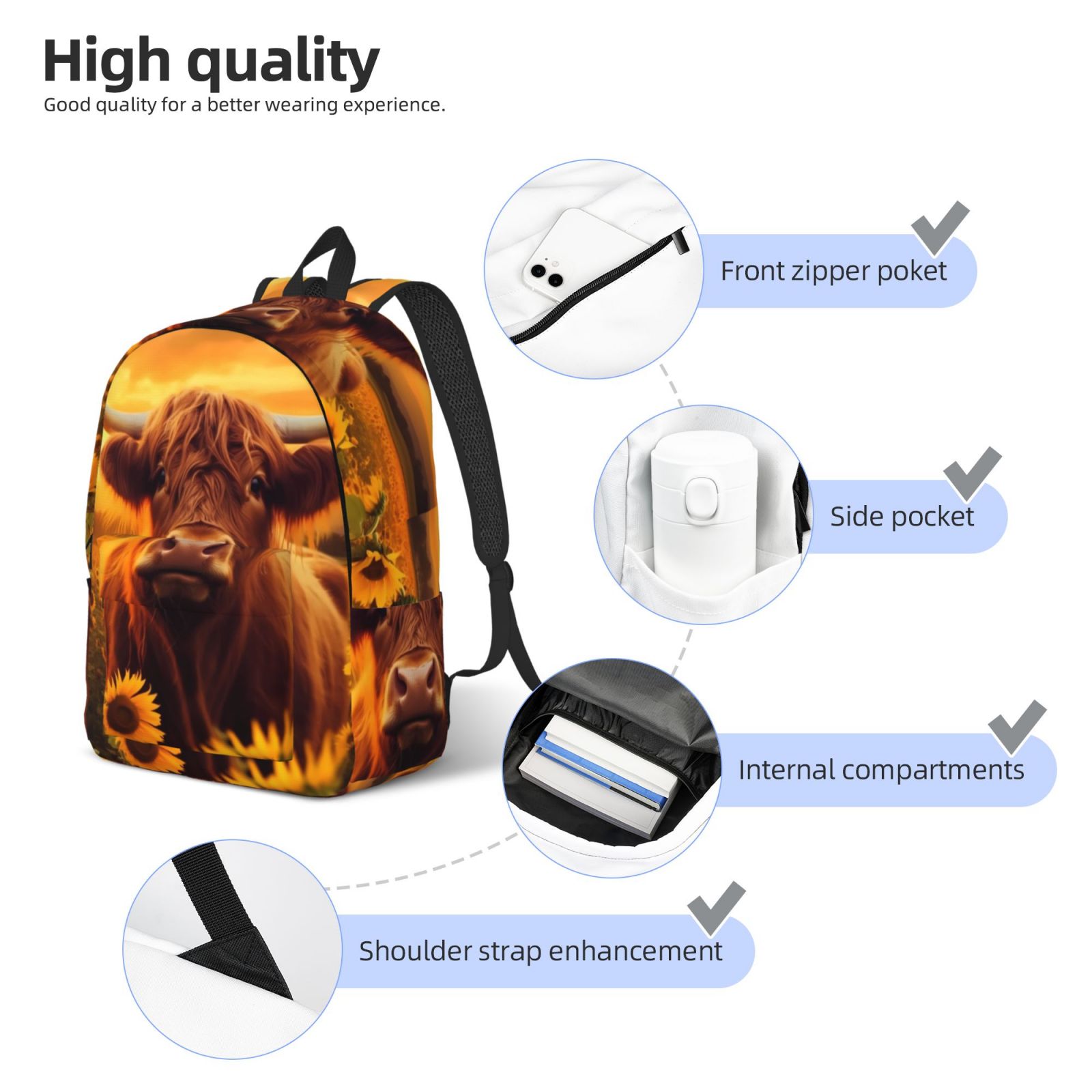 Vsdgher Vintage Sunflower Cow A Print Canvas Backpack Travel Rucksack Unisex Knapsack 15.7/17.7Inch Laptop Backpack for Work,College -Small