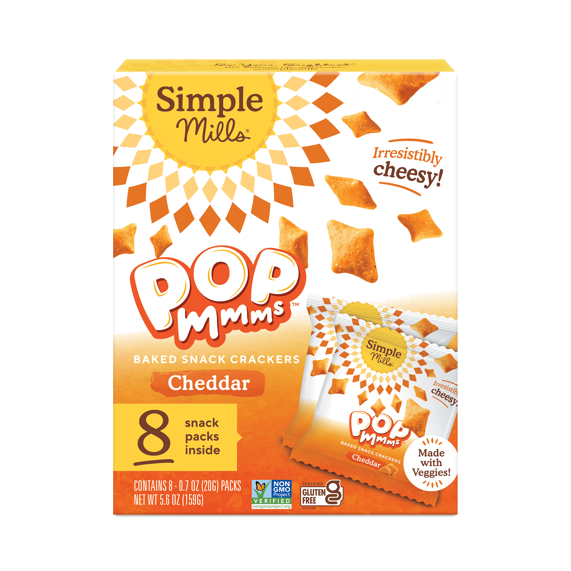 (4 pack) Simple Mills Pop Mmms Cheddar Veggie Flour Baked Snack Crackers Snack Pack, .7 oz, 8 pack