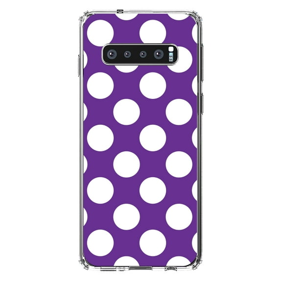 DistinctInk Clear Shockproof Hybrid Case for Samsung Galaxy S10  PLUS(6.4" Screen) - TPU Bumper, Acrylic Back, Tempered Glass Screen Protector - White & Purple Polka Dots