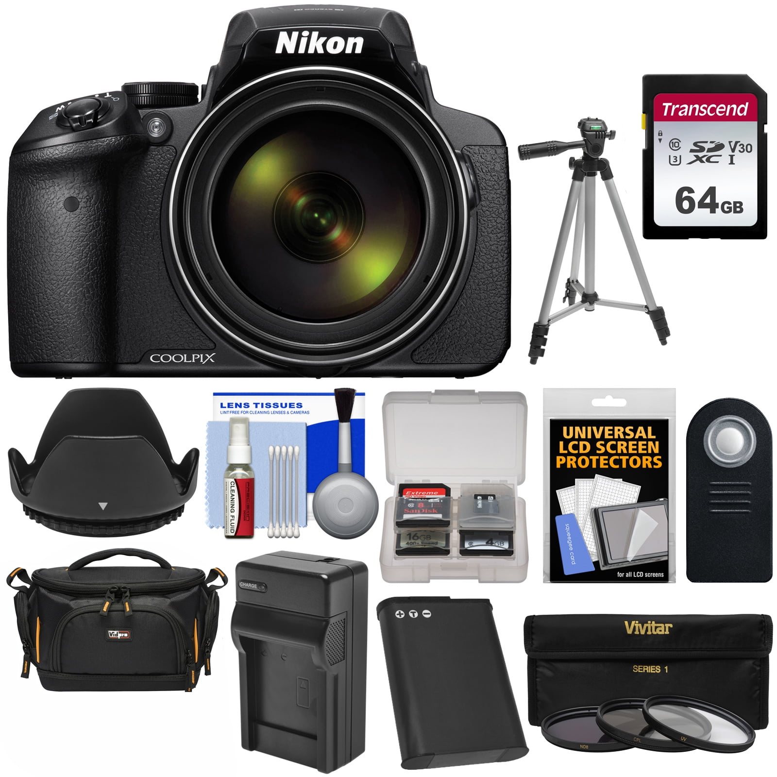 Opera Aarzelen methodologie Nikon Coolpix P900 Wi-Fi 83x Zoom Digital Camera with 64GB Card + Battery &  Charger + Case + Tripod + 3 Filters + Hood + Kit - Walmart.com