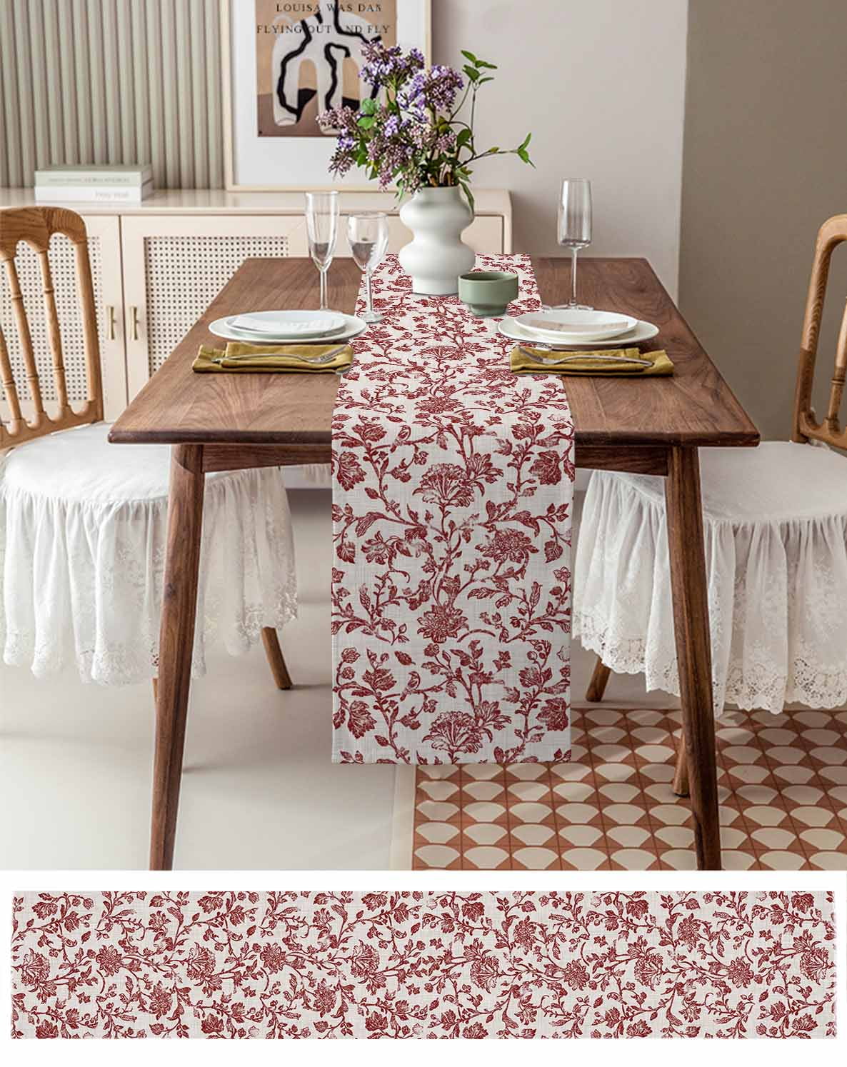 Farmhouse Red Burlap Cotton Table Runner 13x90 Inches Long, Vintage Flower Leaf Botanical Plant Farmhouse Table Runners, Outdoor Dining Tablecloths Decor for Baby Shower/Party/Wedding