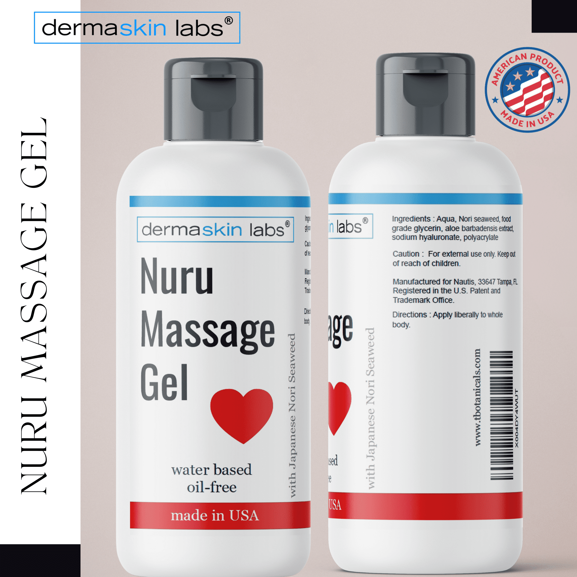 Nuru Massage Gel All Natural Water Based Non-Staining Non-Oily Super Slippery for Sore Muscles, Dry Skin with Japanese Nori Seaweed Body on Body Massage Gel Made in USA