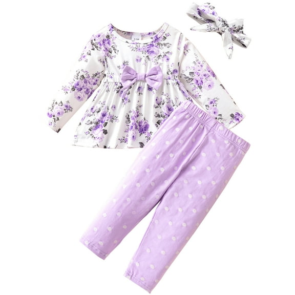 ENFLASH Kids Toddler Girls Clothing Set Long Sleeve Top With Ruffle Hem ＋Floral Print Pants 3 Pcs Infant Fall Outfits Set