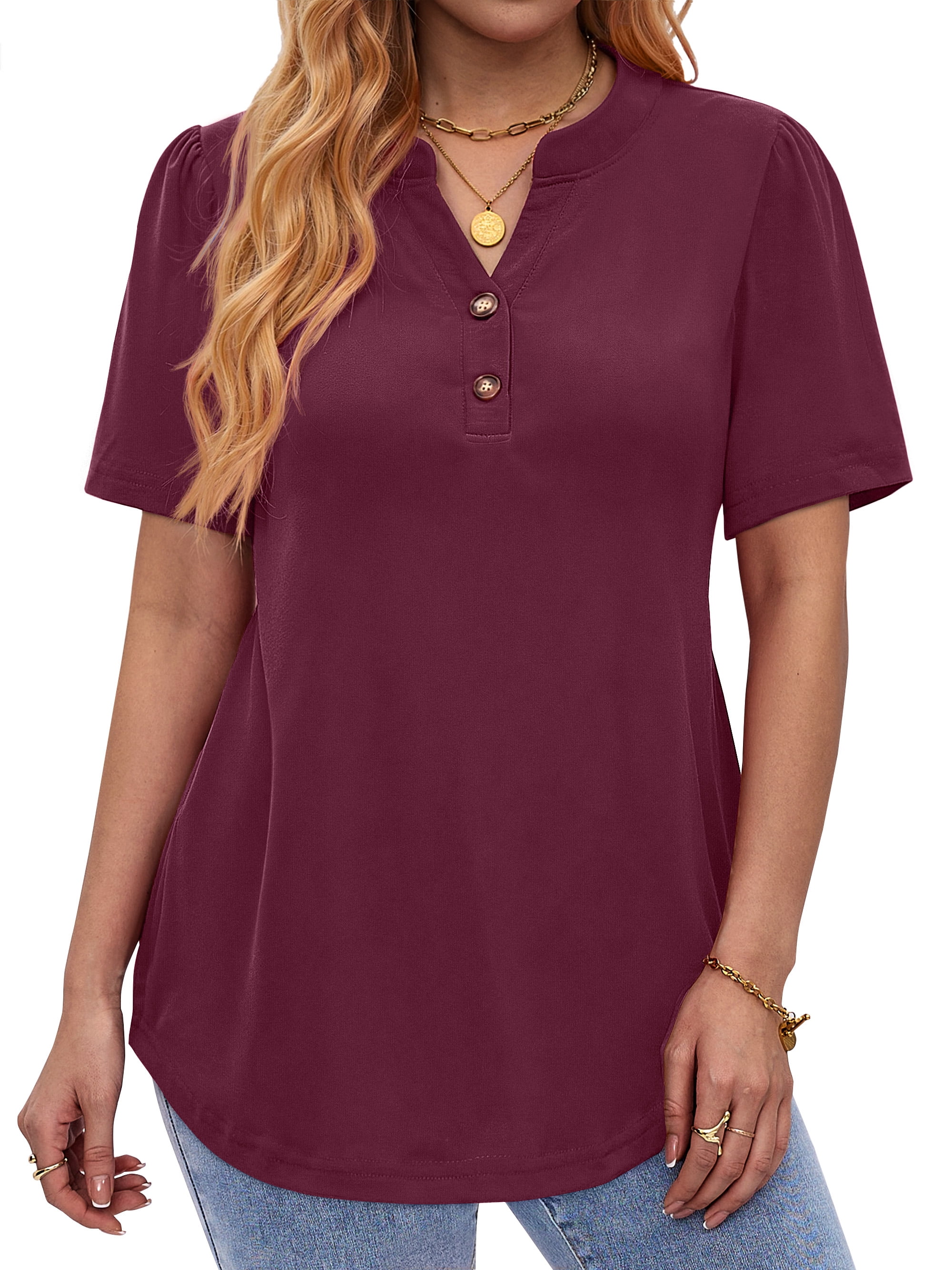 Fantaslook V Neck Henley Blouses for Women Dressy Casual Tops Summer Short Sleeve Shirts Fashion Clothes