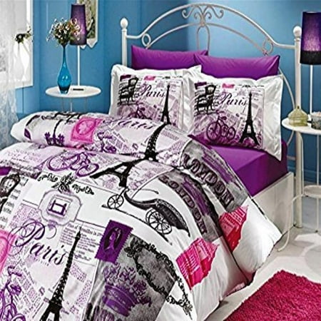 Full Duvet Quilt Cover (TAC 100% Turkish Cotton 4 Pcs!! Paris Eiffel Tower Vintage Purple Theme Themed Full Double Queen Size Quilt Duvet Cover Set Bedding Made in)