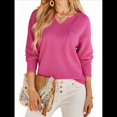 thumbnail image 1 of Blusas para Mujer, de Punto Gofre, de Larga, con Cuello en V y Muescas, Informales, Modernas, de Color Liso, Holgadas. Rosa Roja M, 1 of 7