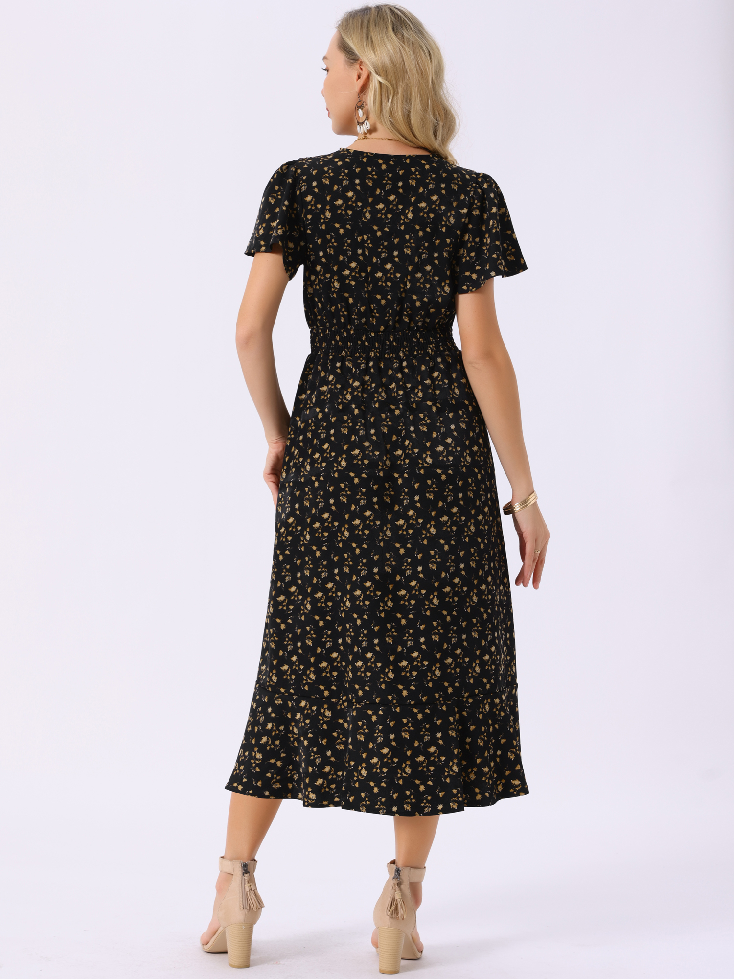 DARING DIVA Floral Midi Flutter Sleeves V Neck Design Dress S Black