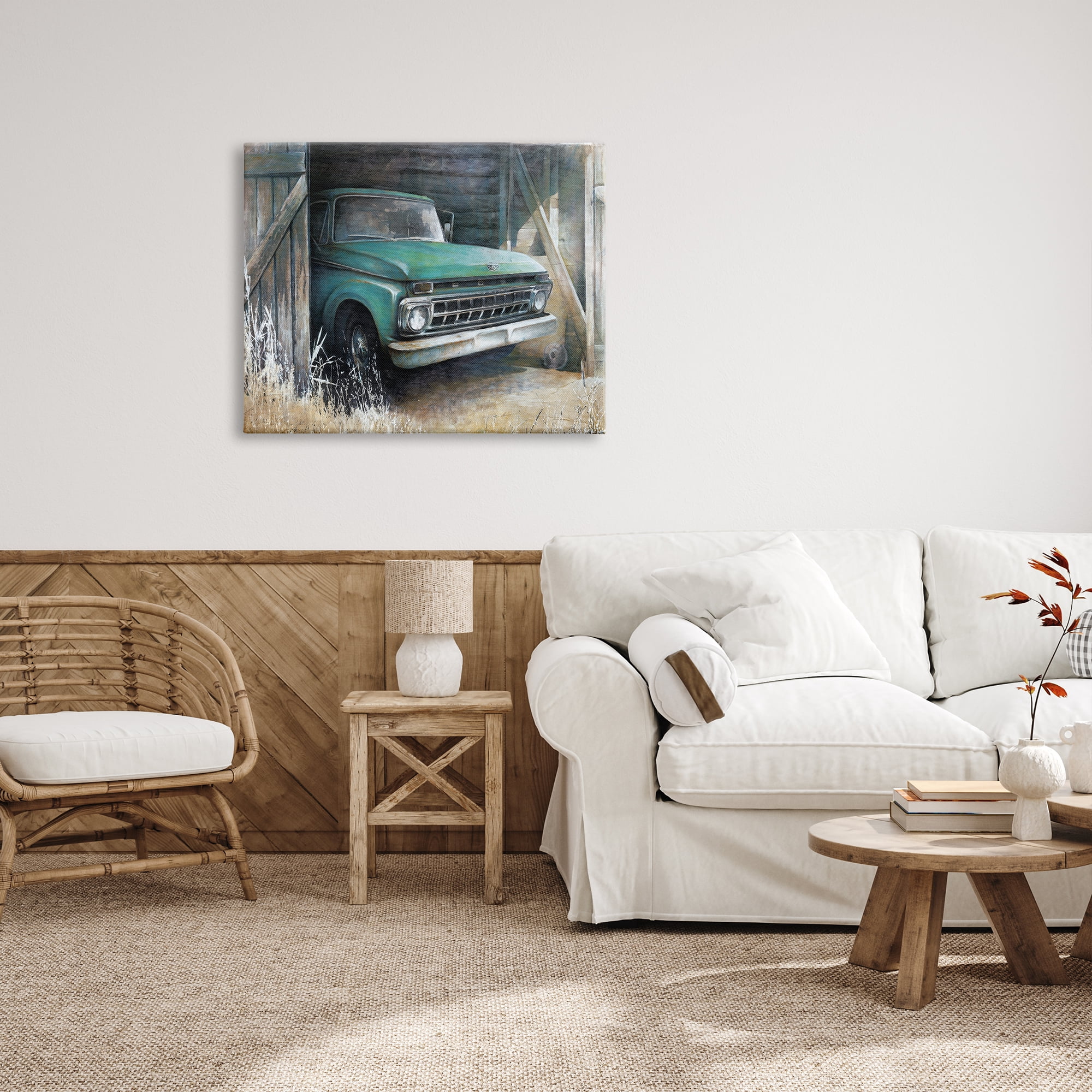 Stupell Industries Weathered Country Barn Vintage Green Pickup Truck Painting Gallery Wrapped Canvas Print Wall Art, Design by White Ladder