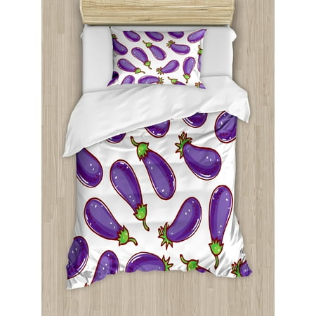 Eggplant Twin Size Duvet Cover Set Cute Eggplants With White