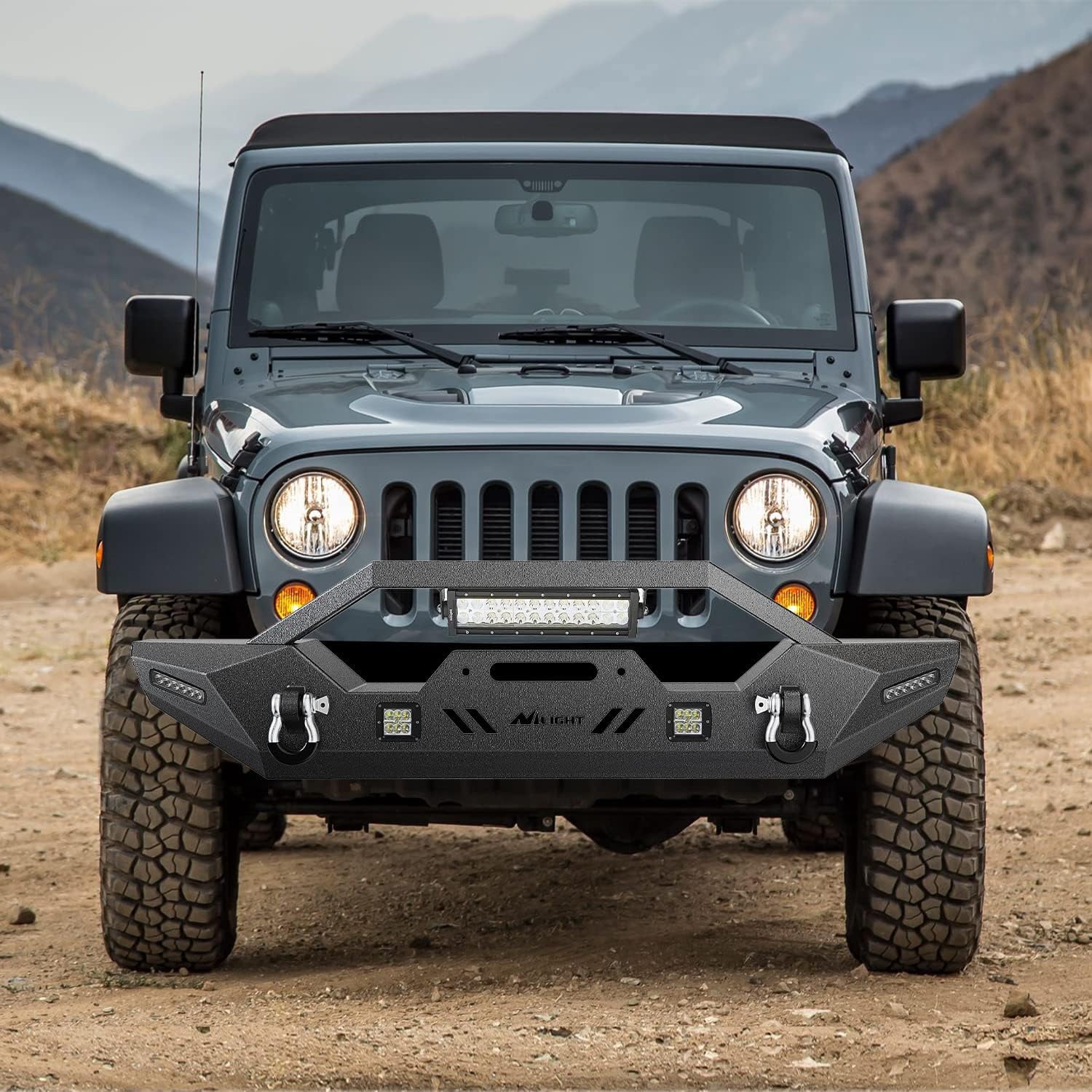Nilight Front Bumper Compatible for 2007-2018 Wrangler JK/JKU 2018-2022 JL/JLU 2020-2022 Gladiator JT with 72W LED Light Bar 2 x 18W Light Pod 2X 18W Single Row Work Light Winch Plate