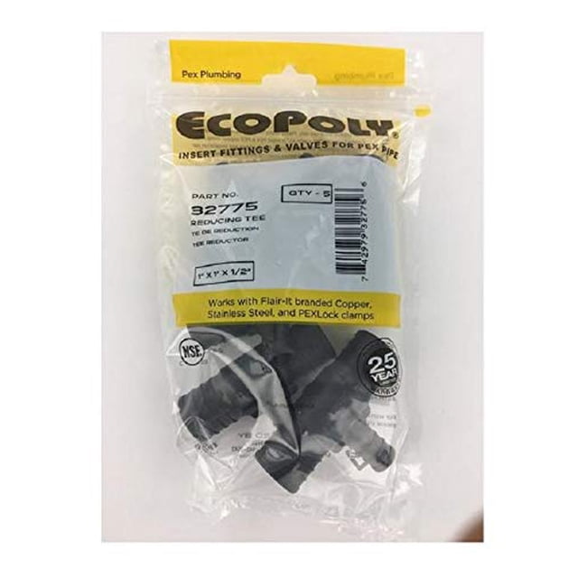Camiseta Ecopoly PEX de 1 x 1 pulgada x 1/2 pulgadas, rizada, paquete de 5