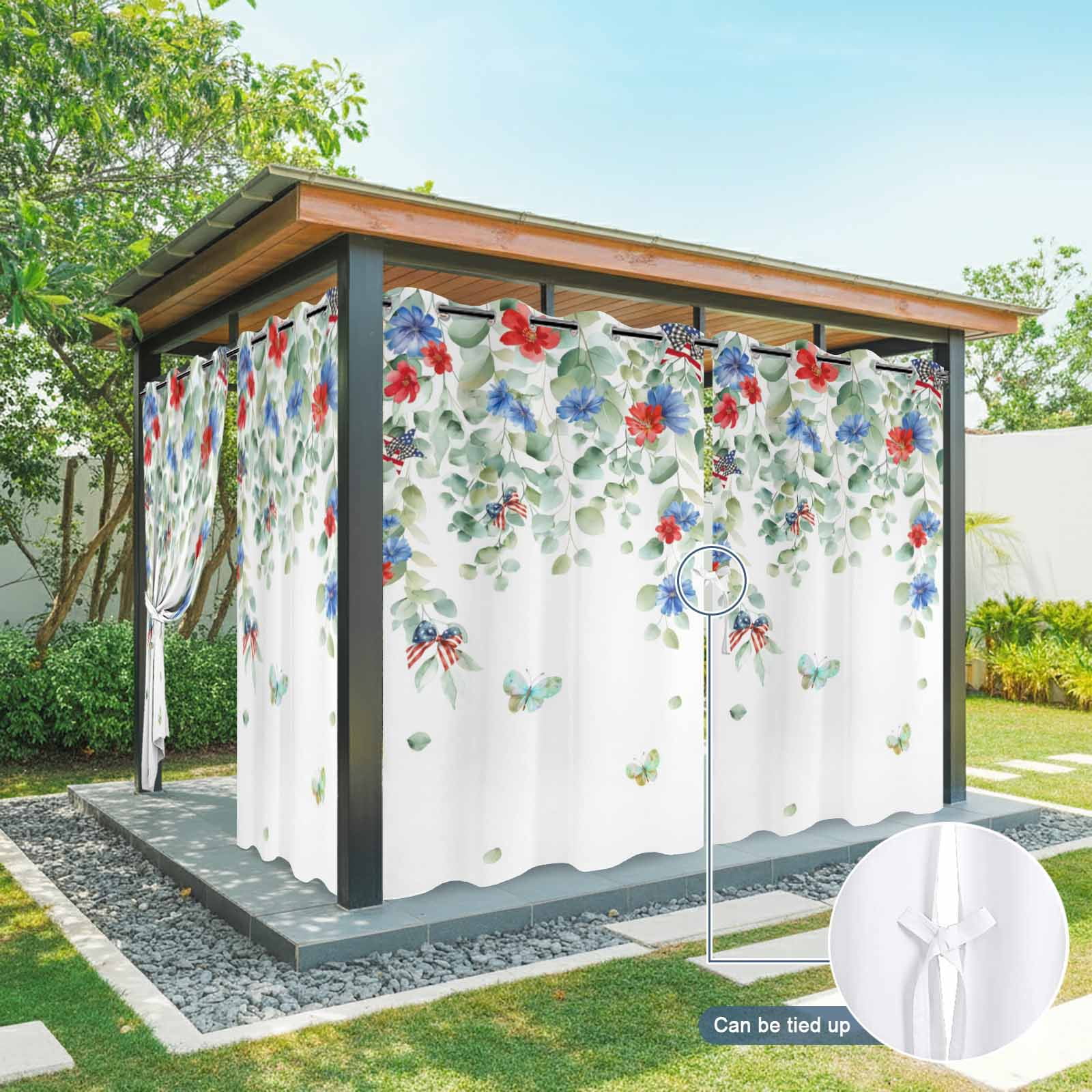 Independence Day Outdoor Curtains for Patio, Watercolor Red Blue Floral Leaf Sunshade Privacy Drapes Grommet Waterproof Outside Curtains for Porch/Cabana/Balcony 54"x 108", 1 Panel